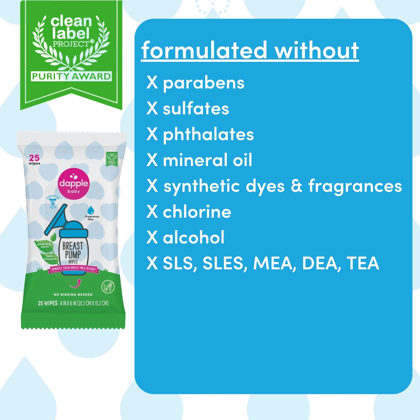 Dapple Baby Breast Pump Cleaner Wipes, Fragrance Free, 25ct (Case of 16)