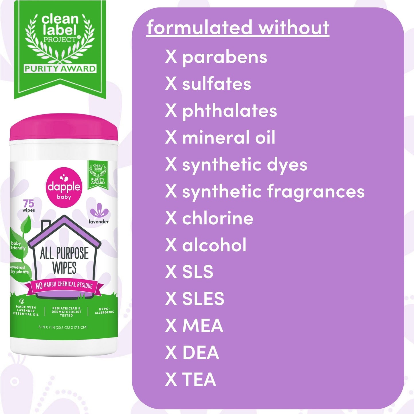 Dapple All Purpose Cleaner Wipes, Lavender, 75ct (Case of 6)