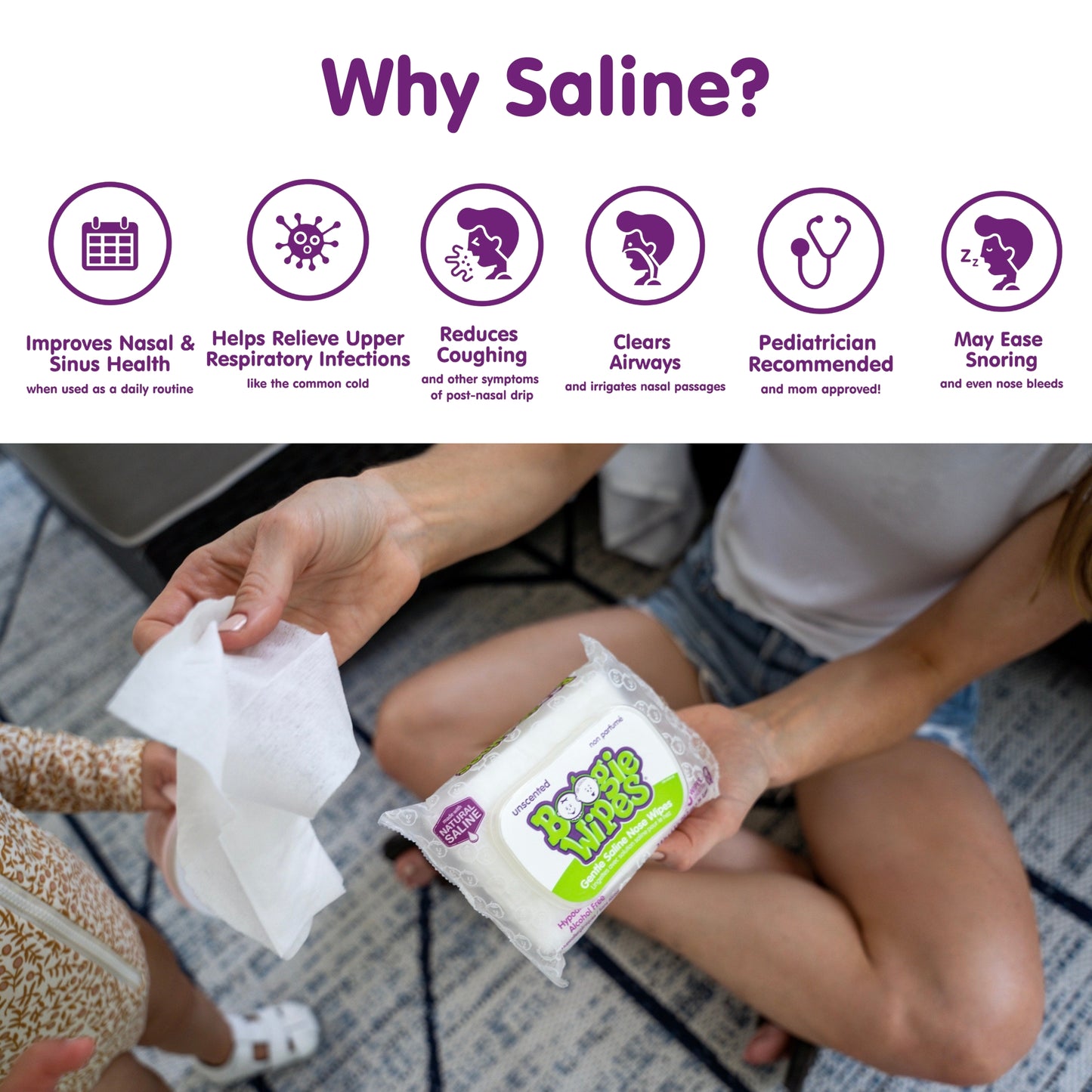 Boogie Saline Nose Wipes, Unscented, 90ct (Case of 6)