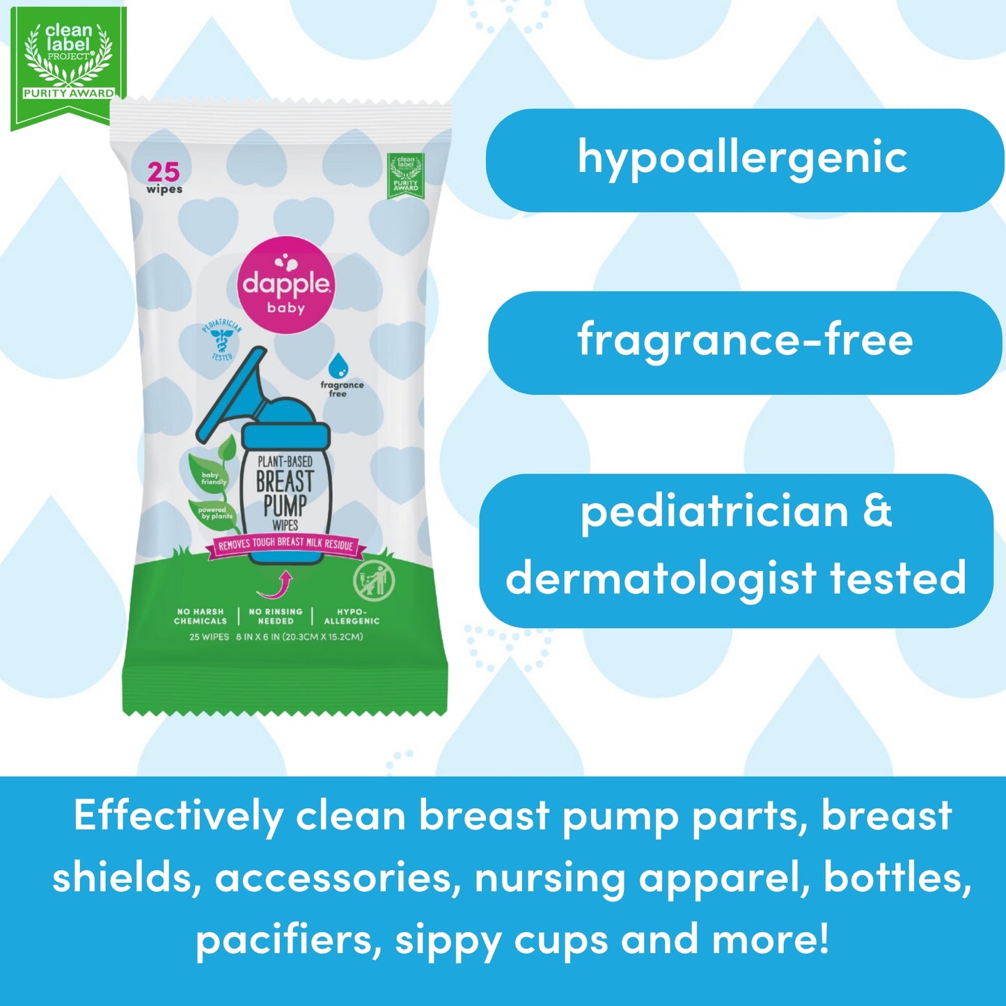 Dapple Baby Breast Pump Cleaner Wipes, Fragrance Free, 25ct (Case of 16)