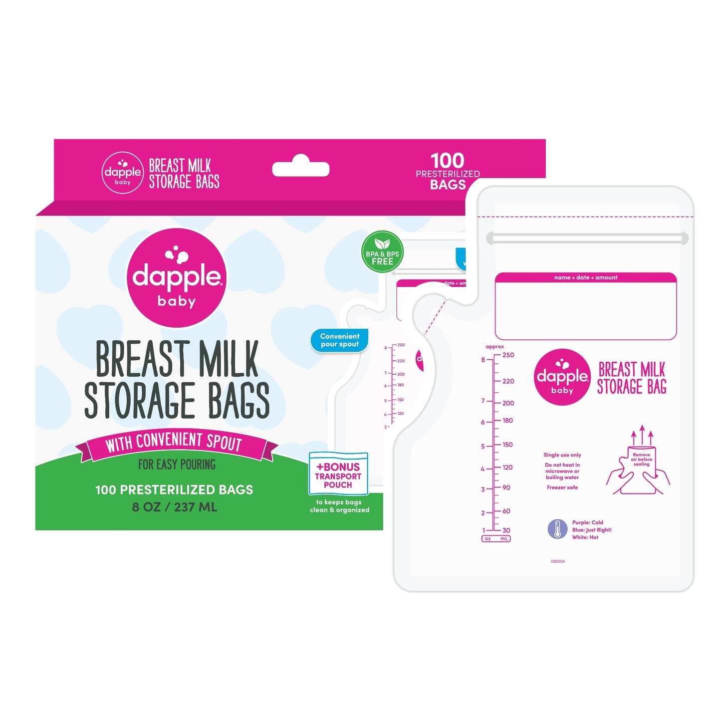 Dapple Baby Breast Milk Storage Easy Pour Bags, 100ct (Case of 8)