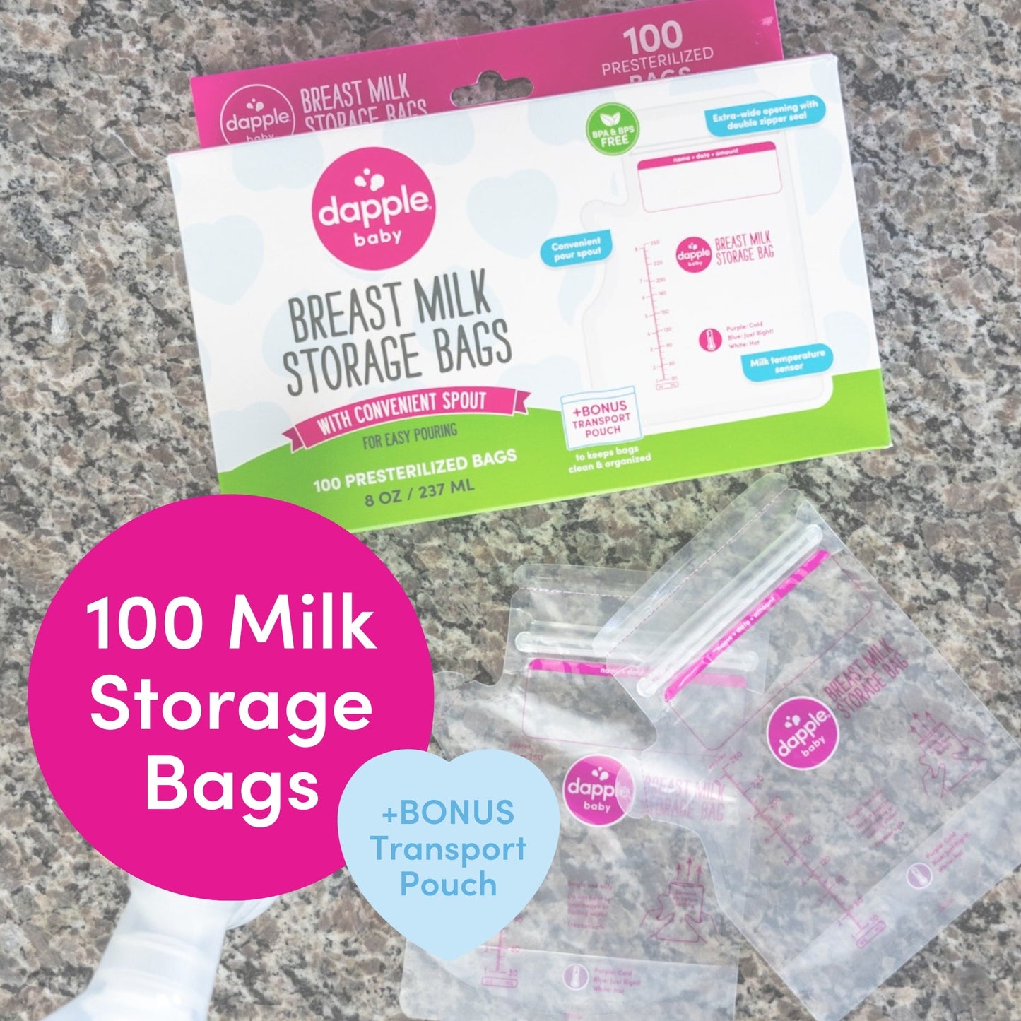 Dapple Baby Breast Milk Storage Easy Pour Bags, 100ct (Case of 8)