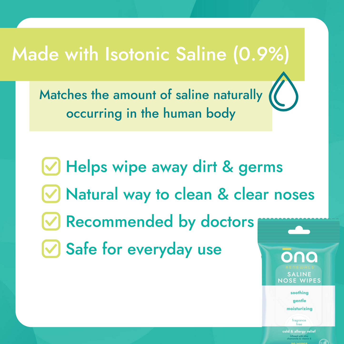 Ona Saline Nose Wipes, Unscented 60ct (Case of 12)